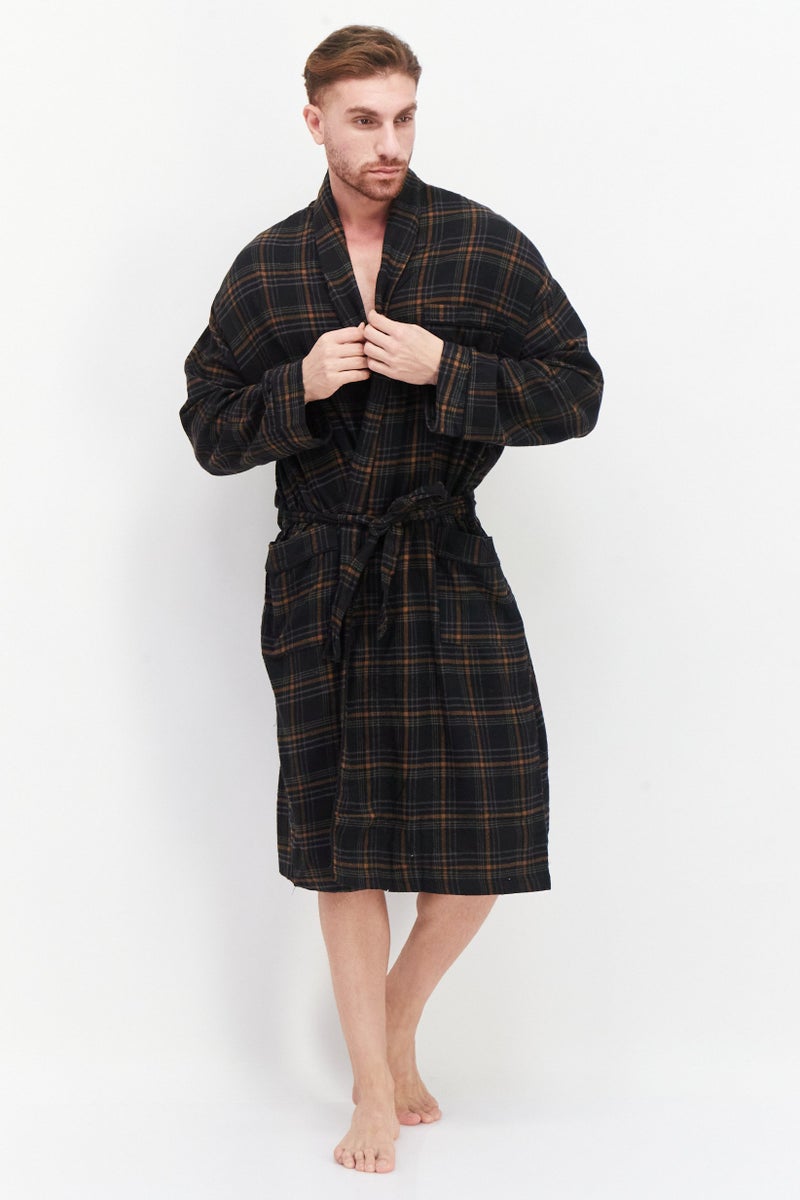 Bottoms Out Men Windowpane Long Sleeve Robe, Black Combo  - Image 1