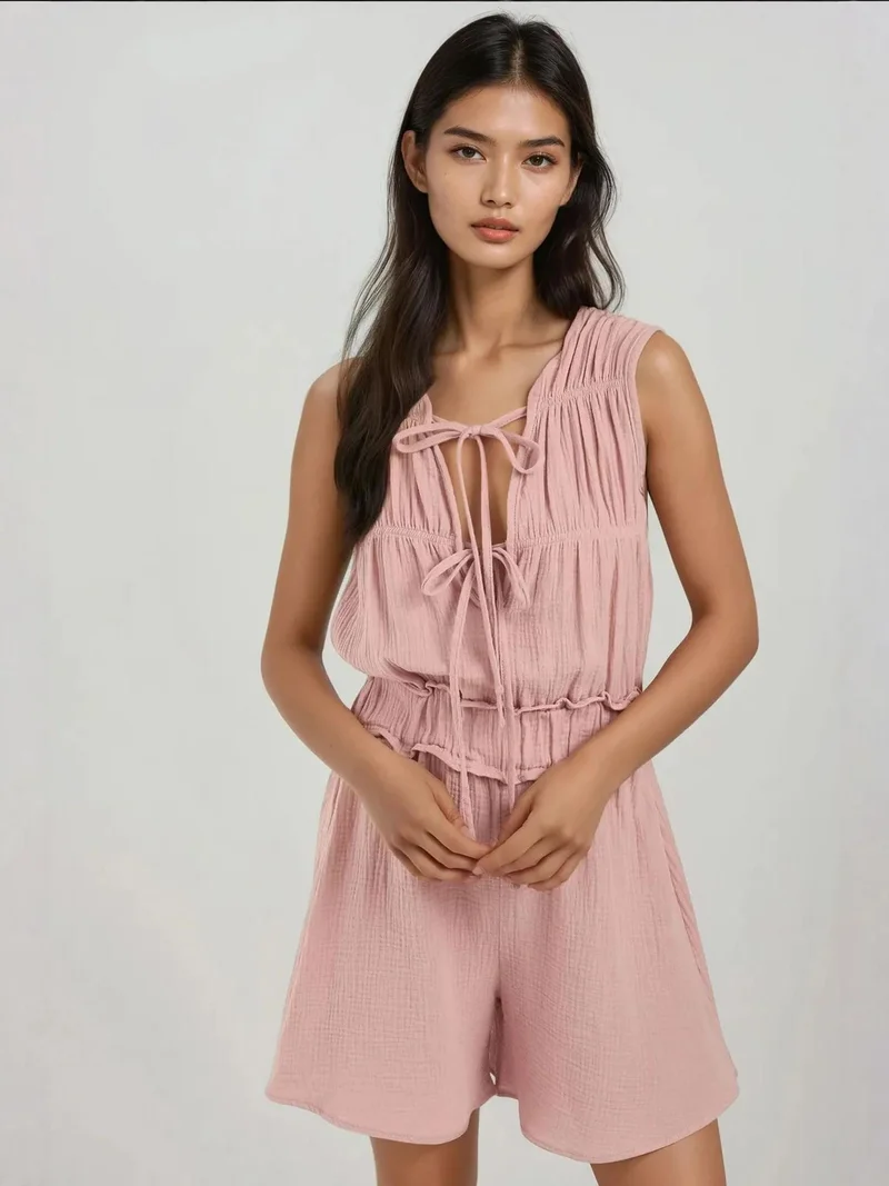 Textured Short Leg Jumpsuit with Crew Neck