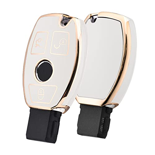 ELOHEI for Mercedes Benz Key Fob Cover Premium Soft TPU Key Case Cover Compatible with Mercedes Benz C E S M CLS CLK G Class Keyless Smart Key Fob Gold Edge White