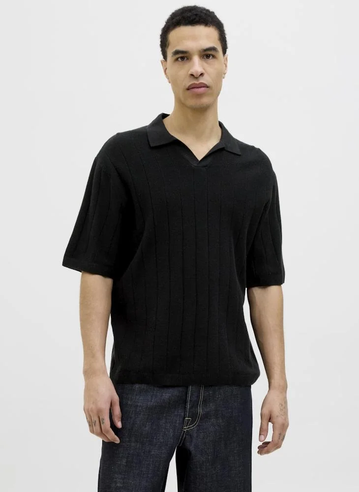 Knit Short Sleeve Split Neck Polo Shirt