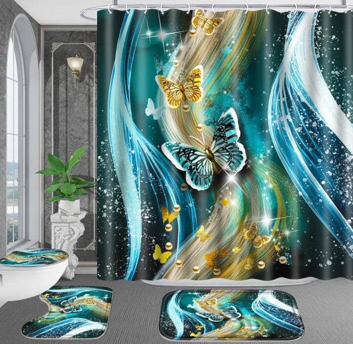 Y&D 4 Pcs Flower and Butterfly Shower Curtain Set  with Non-Slip Rugs, Toilet Lid Cover and Bath Mat, - Image 4