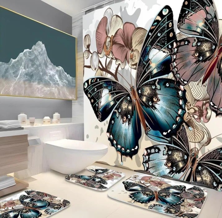 Y&D 4 Pcs Flower and Butterfly Shower Curtain Set  with Non-Slip Rugs, Toilet Lid Cover and Bath Mat, - Image 2
