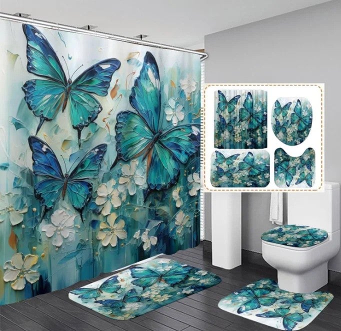 Y&D 4 Pcs Flower and Butterfly Shower Curtain Set  with Non-Slip Rugs, Toilet Lid Cover and Bath Mat, - Image 5