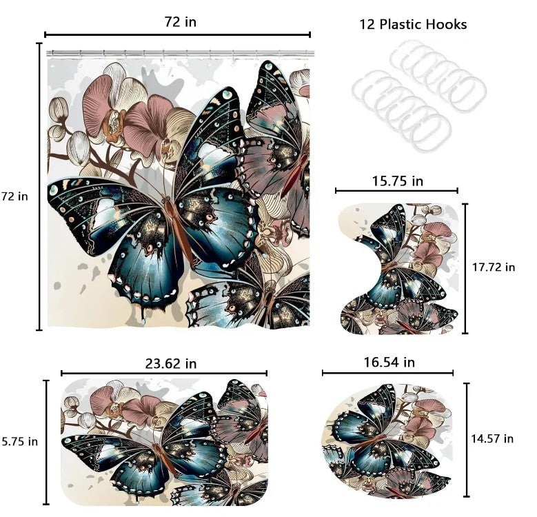 Y&D 4 Pcs Flower and Butterfly Shower Curtain Set  with Non-Slip Rugs, Toilet Lid Cover and Bath Mat, - Image 3