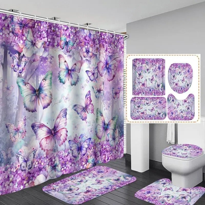 Y&D 4 Pcs Flower and Butterfly Shower Curtain Set  with Non-Slip Rugs, Toilet Lid Cover and Bath Mat, - Image 1