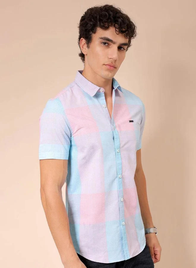 شركة المرآب الهندية Men Slim Fit Checkered Half Sleeves Cutaway Collar Casual Shirt