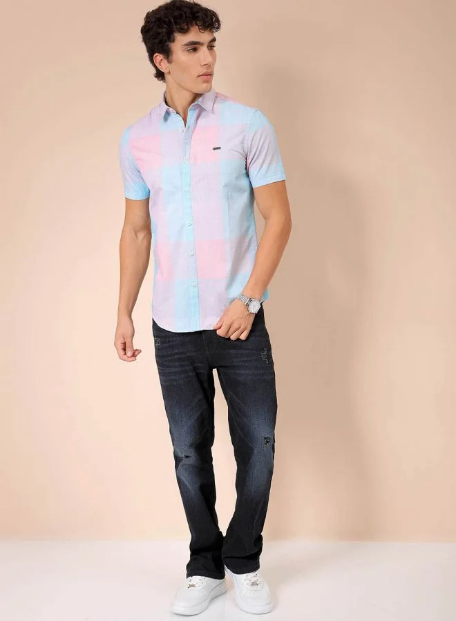 شركة المرآب الهندية Men Slim Fit Checkered Half Sleeves Cutaway Collar Casual Shirt