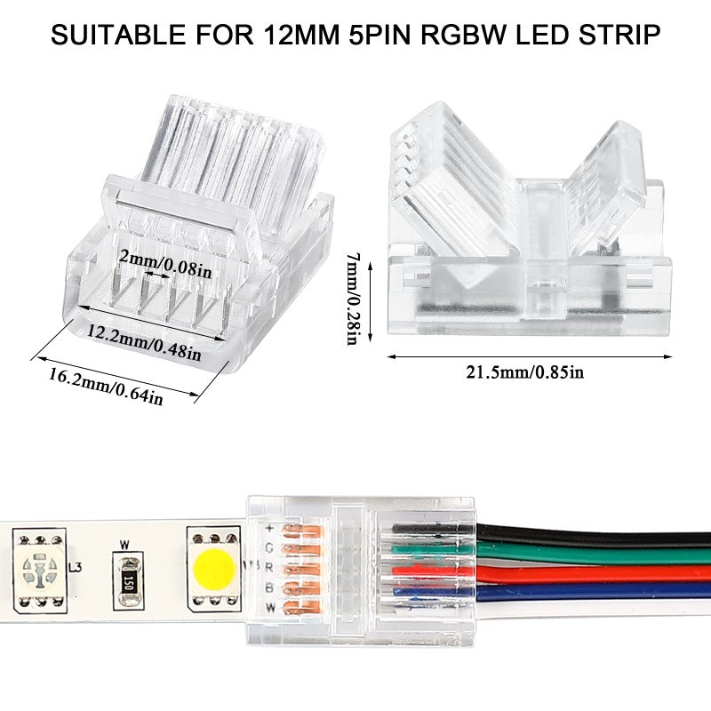 Flutesan 20 Pcs 5 Pin 12 mm LED Strip Connector RGB Lights Waterproof Adapter 22 Awg Wires Connector for Strip Light Unwired Gapless Track 5v 12v 24v - Image 3