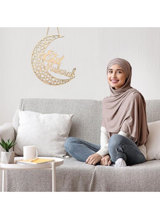 VUCATIN ديكور معلق لعيد مبارك، ديكور حفلات عيد مبارك، ديكور معلق على شكل قمر ونجمة خشبية قطعة واحدة، ديكور حفلات رمضان الإسلامي - Image 2