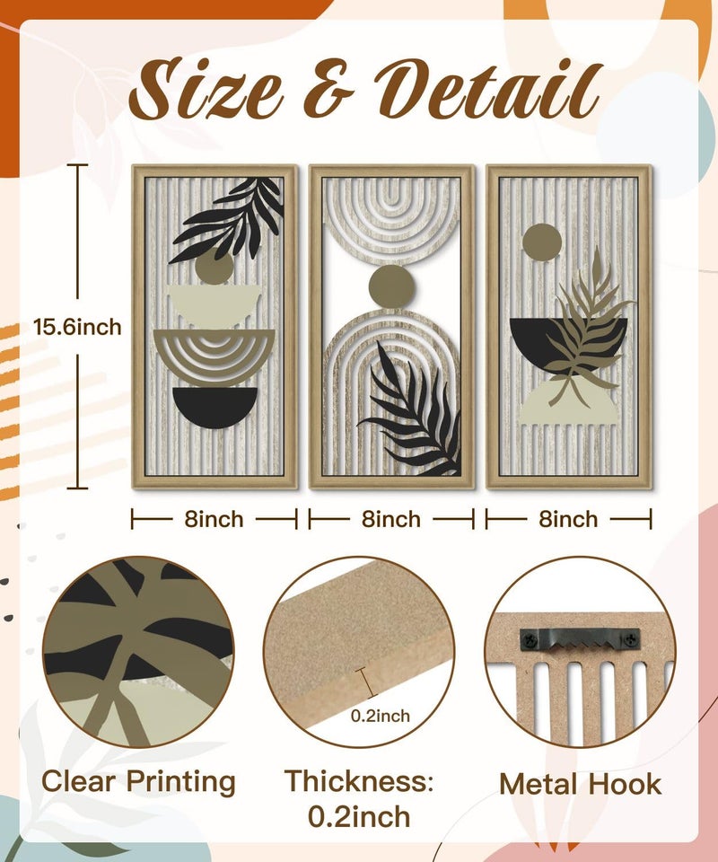Putuo Decor Boho Abstract Wall Art, Set of 3, Modern Geometric Botanical Wooden Wall Decor, Mid-Century Minimalist Framed Artwork, Neutral Toned Aesthetic Prints, for Living Room, Bedroom, Office - Image 2