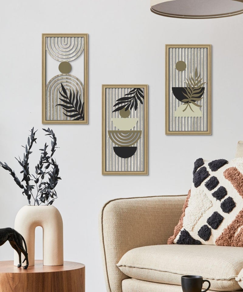 Putuo Decor Boho Abstract Wall Art, Set of 3, Modern Geometric Botanical Wooden Wall Decor, Mid-Century Minimalist Framed Artwork, Neutral Toned Aesthetic Prints, for Living Room, Bedroom, Office - Image 4