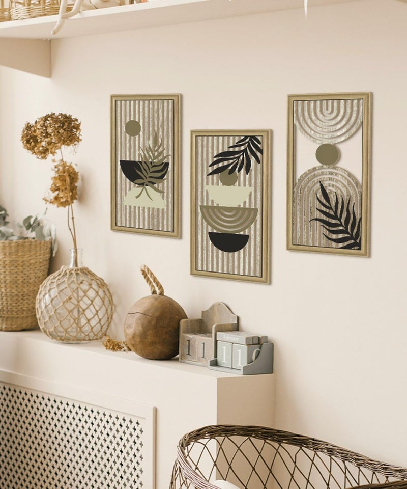 Putuo Decor Boho Abstract Wall Art, Set of 3, Modern Geometric Botanical Wooden Wall Decor, Mid-Century Minimalist Framed Artwork, Neutral Toned Aesthetic Prints, for Living Room, Bedroom, Office - Image 5