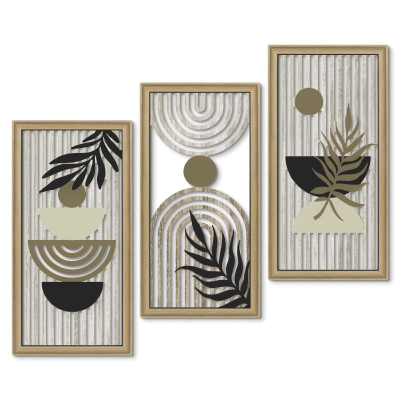 Putuo Decor Boho Abstract Wall Art, Set of 3, Modern Geometric Botanical Wooden Wall Decor, Mid-Century Minimalist Framed Artwork, Neutral Toned Aesthetic Prints, for Living Room, Bedroom, Office - Image 1