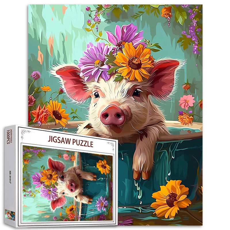 Tucocoo Adorable Pig in Bathtub Jigsaw Puzzle 1000 Pieces Puzzles for Adults Farmhouse Animal Flowers Jigsaw Puzzles for Challenging Family Activity Games DIY Puzzle for Home Wall Decor Gifts20 x 27 Inches - Image 3