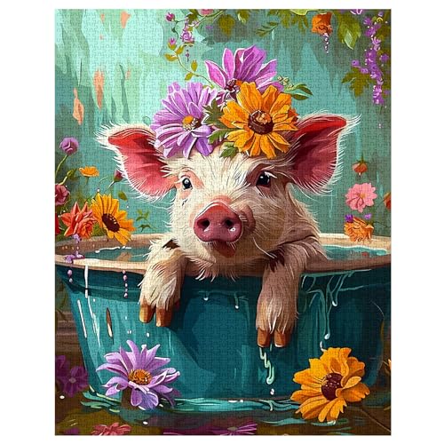 Tucocoo Adorable Pig in Bathtub Jigsaw Puzzle 1000 Pieces Puzzles for Adults Farmhouse Animal Flowers Jigsaw Puzzles for Challenging Family Activity Games DIY Puzzle for Home Wall Decor Gifts20 x 27 Inches - Image 5