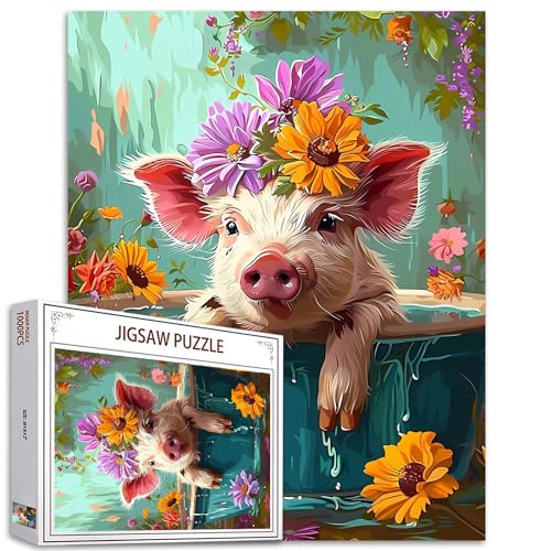 Tucocoo Adorable Pig in Bathtub Jigsaw Puzzle 1000 Pieces Puzzles for Adults Farmhouse Animal Flowers Jigsaw Puzzles for Challenging Family Activity Games DIY Puzzle for Home Wall Decor Gifts20 x 27 Inches - Image 1