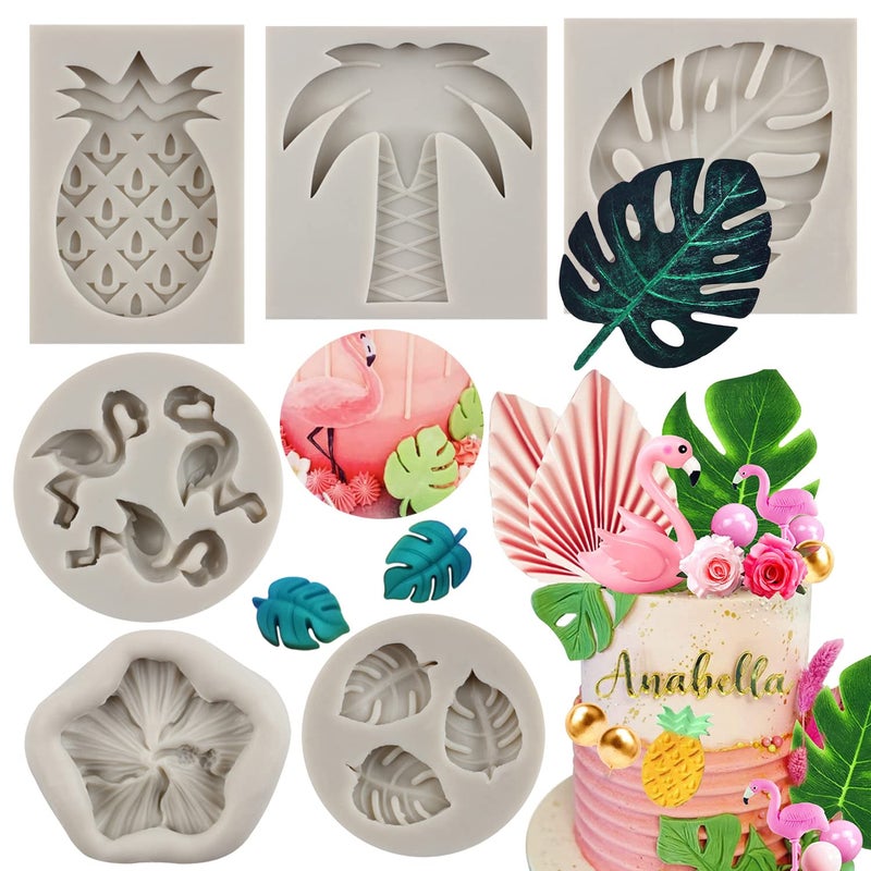 Sijiangmold Flamingo Tropical Leaf Silicone Mold Plumeria Hibiscus Flower Fondant Molds Pineapple Chocolate Molds For Cake Decoration Cupcake Topper Candy Polymer Clay Chocolate Gum Paste Set of 6 - Image 1