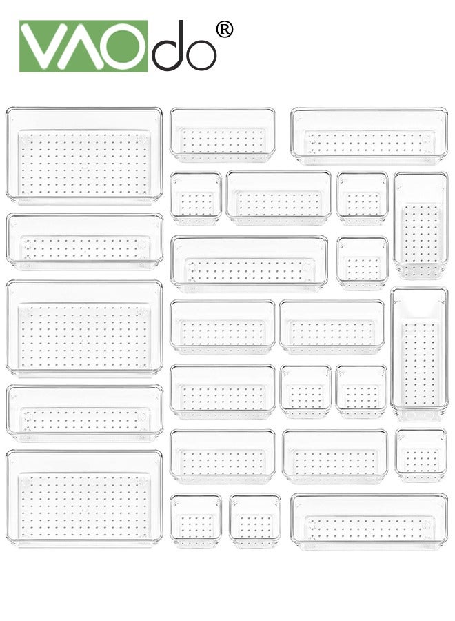 VAOdo مجموعة منظم أدراج بلاستيكية شفافة 25 قطعة، 4 مقاسات لمنظمات مقسم أدراج المكتب وصناديق تخزين لأدوات مجوهرات المكياج للمطبخ وغرفة النوم والحمام والمكتب - Image 1