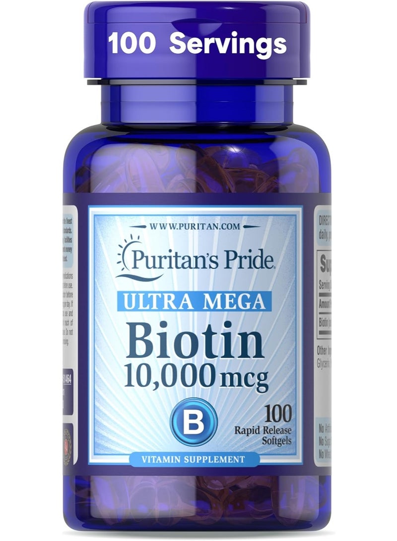 Puritan's Pride Ultra Mega Biotin 10,000mcg Supplement for Healthy Hair, Skin, Nails, and Energy 100 Softgels - Image 1
