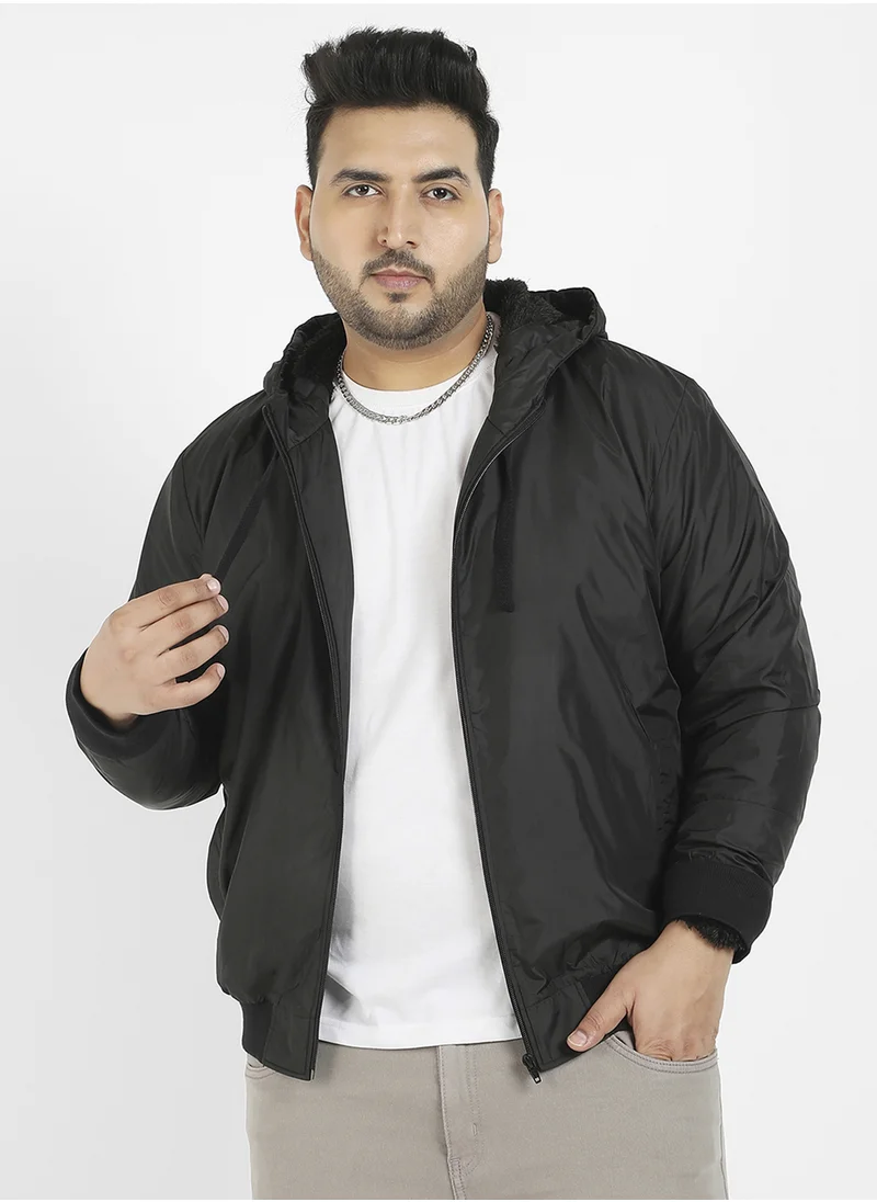 انستافاب بلس Instafab Plus Men's Black Zip-Front Puffer Jacket With Ribbed Hem For Casual Wear | Hood Neck | Long Sleeves | Zip Closure | Polyester Jacket Crafted With Comfort Fit For Everyday Wear