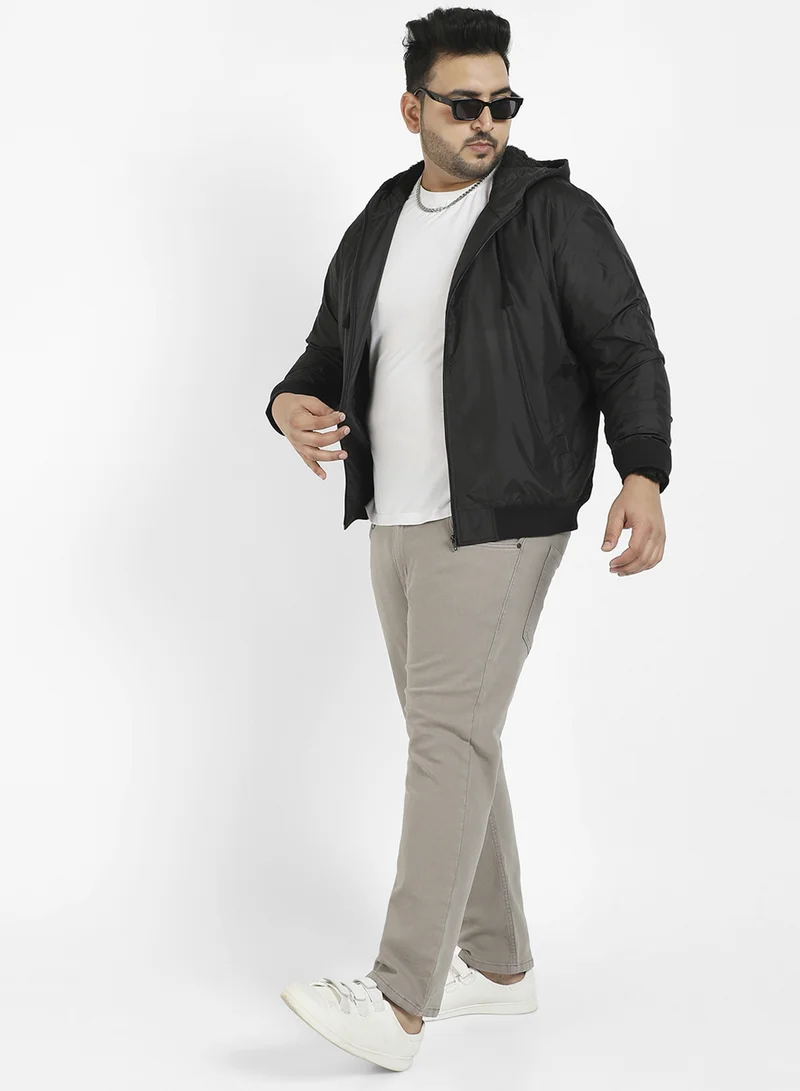 Instafab Plus Instafab Plus Men's Black Zip-Front Puffer Jacket With Ribbed Hem For Casual Wear | Hood Neck | Long Sleeves | Zip Closure | Polyester Jacket Crafted With Comfort Fit For Everyday Wear