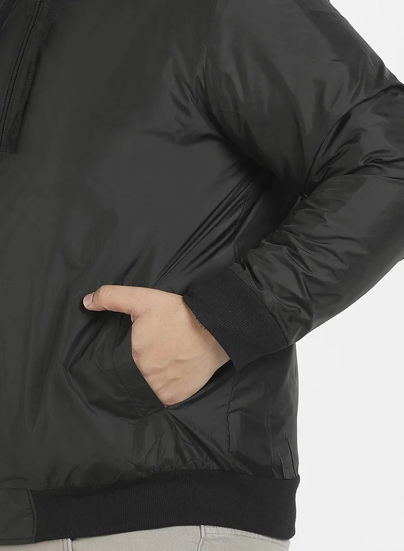 Instafab Plus Instafab Plus Men's Black Zip-Front Puffer Jacket With Ribbed Hem For Casual Wear | Hood Neck | Long Sleeves | Zip Closure | Polyester Jacket Crafted With Comfort Fit For Everyday Wear
