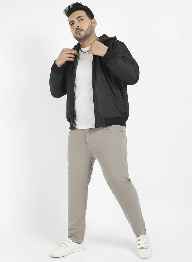 Instafab Plus Instafab Plus Men's Black Zip-Front Puffer Jacket With Ribbed Hem For Casual Wear | Hood Neck | Long Sleeves | Zip Closure | Polyester Jacket Crafted With Comfort Fit For Everyday Wear