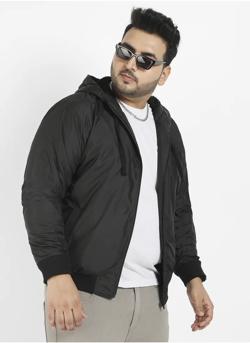 انستافاب بلس Instafab Plus Men's Black Zip-Front Puffer Jacket With Ribbed Hem For Casual Wear | Hood Neck | Long Sleeves | Zip Closure | Polyester Jacket Crafted With Comfort Fit For Everyday Wear
