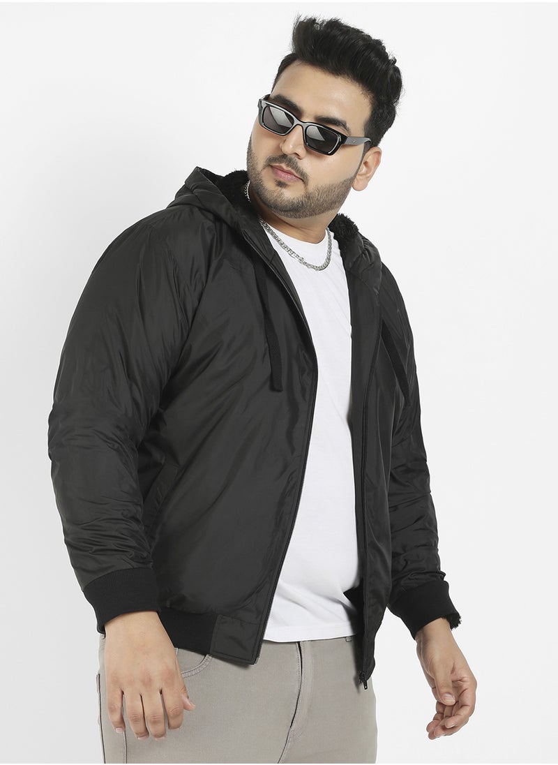 Instafab Plus Instafab Plus Men's Black Zip-Front Puffer Jacket With Ribbed Hem For Casual Wear | Hood Neck | Long Sleeves | Zip Closure | Polyester Jacket Crafted With Comfort Fit For Everyday Wear  - Image 1