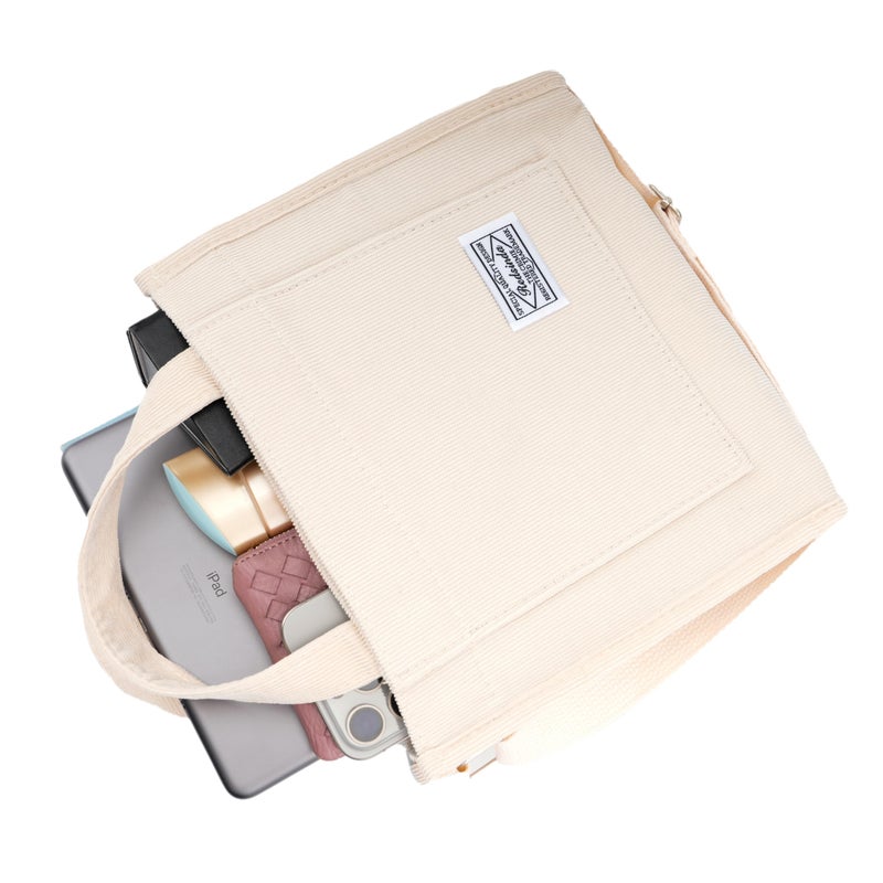 REDSINDA Aesthetic Corduroy Tote Bag - Small Vintage Women's Crossbody Square Handbag - Everyday Mini Travel Shoulder Bag (Beige) - Image 3