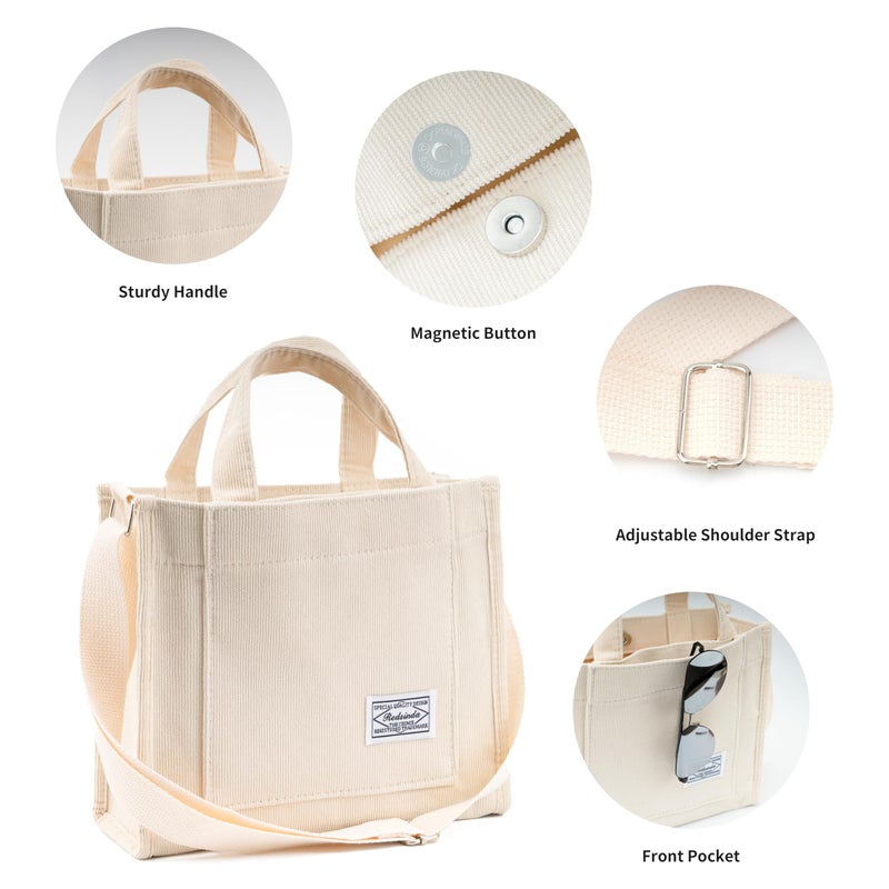 REDSINDA Aesthetic Corduroy Tote Bag - Small Vintage Women's Crossbody Square Handbag - Everyday Mini Travel Shoulder Bag (Beige) - Image 4