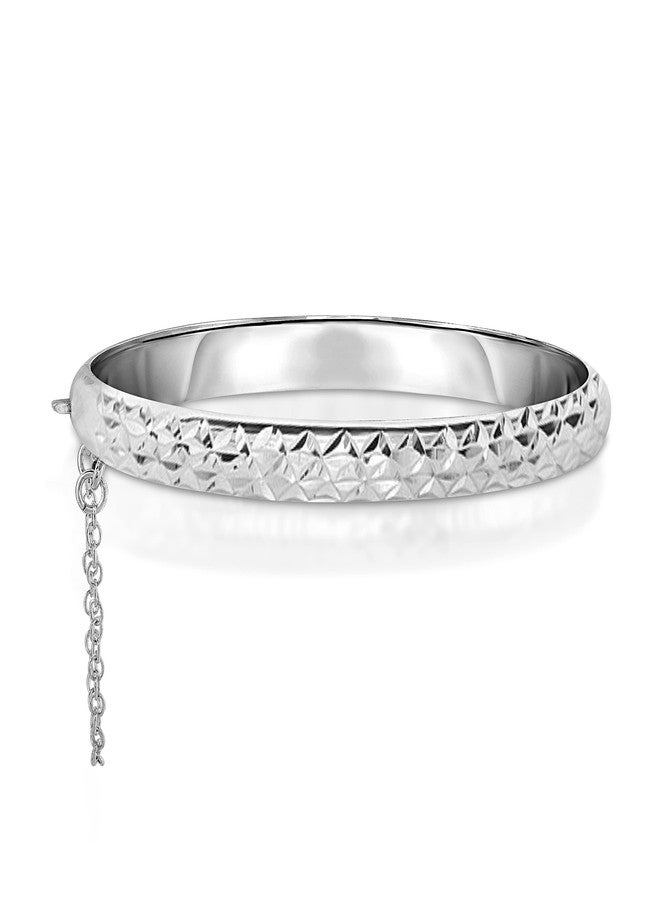 Savlano 14K Gold Plated Over 925 Sterling Silver Solid Diamond Cut Bangle Bracelet 7 inch with Safety Chain for Women Comes With Gift Box - Made in Italy (White) - Image 1