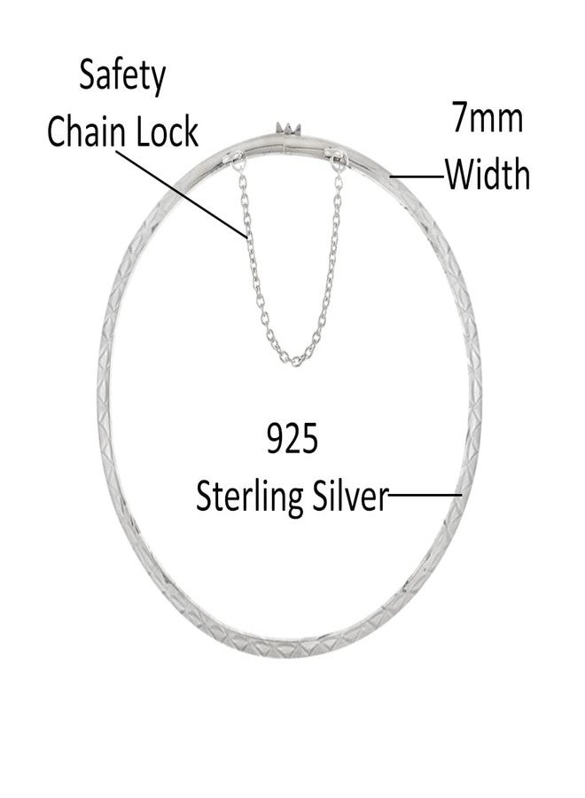 Savlano 14K Gold Plated Over 925 Sterling Silver Solid Diamond Cut Bangle Bracelet 7 inch with Safety Chain for Women Comes With Gift Box - Made in Italy (White) - Image 2