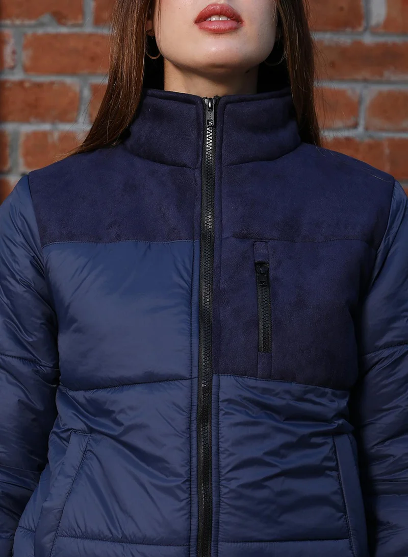 Pinacolada  Women's Indigo Blue Block-Quilt Bomber Jacket for Women | Best Price UAE