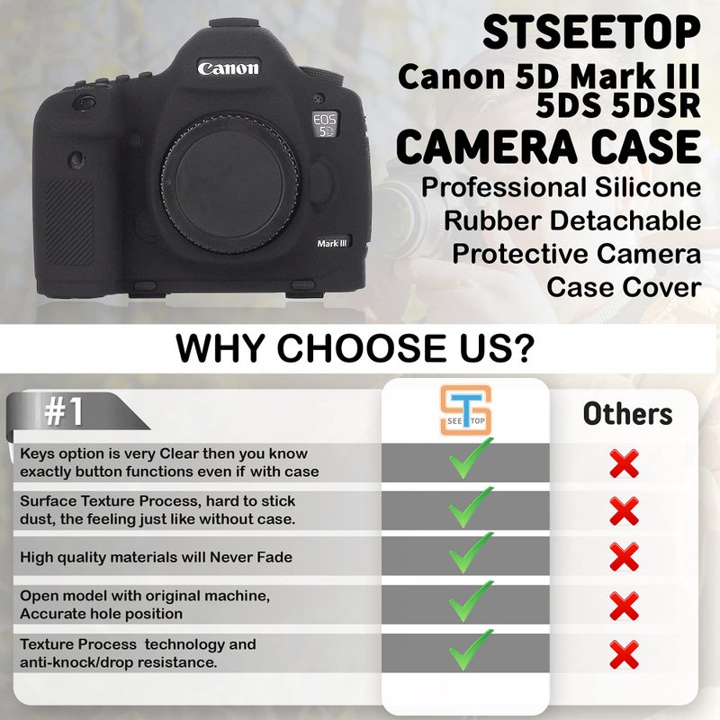 STSEETOP Camera Case for Canon 5D Mark III 5DS 5DSR - Silicone Protective DSLR Skin Cover, Detachable Cage, Shockproof, Dustproof (Black) - Image 3