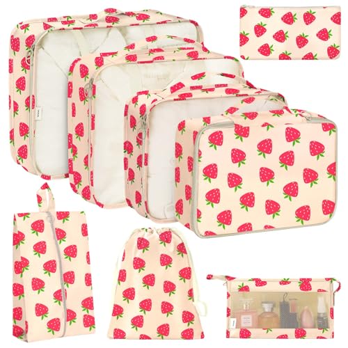 KPX 8 Set Packing Cubes for Travel, Luggage Packing Organizers Accessories Large Toiletries Bag for Clothes Shoes Cosmetics (Strawberry) - Image 1