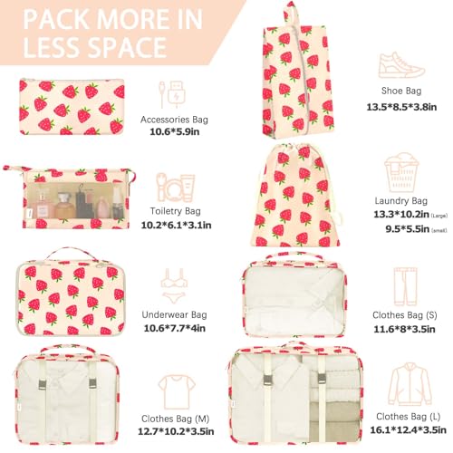 KPX 8 Set Packing Cubes for Travel, Luggage Packing Organizers Accessories Large Toiletries Bag for Clothes Shoes Cosmetics (Strawberry) - Image 2