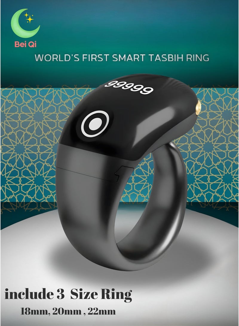Bei Qi Tasbih Zikr Smart Ring Adjustable Digital Tasbeeh Counter with App Support, Replaceable Sizes 18/20/22mm, Bluetooth Smart Dhikr Ring, Waterproof OLED Display Muslim Prayer Counter, Electronic Rosary, Lightweight Islamic Smart Wearable – Ramadan & Eid Gift for Men & Women, Black - Image 1