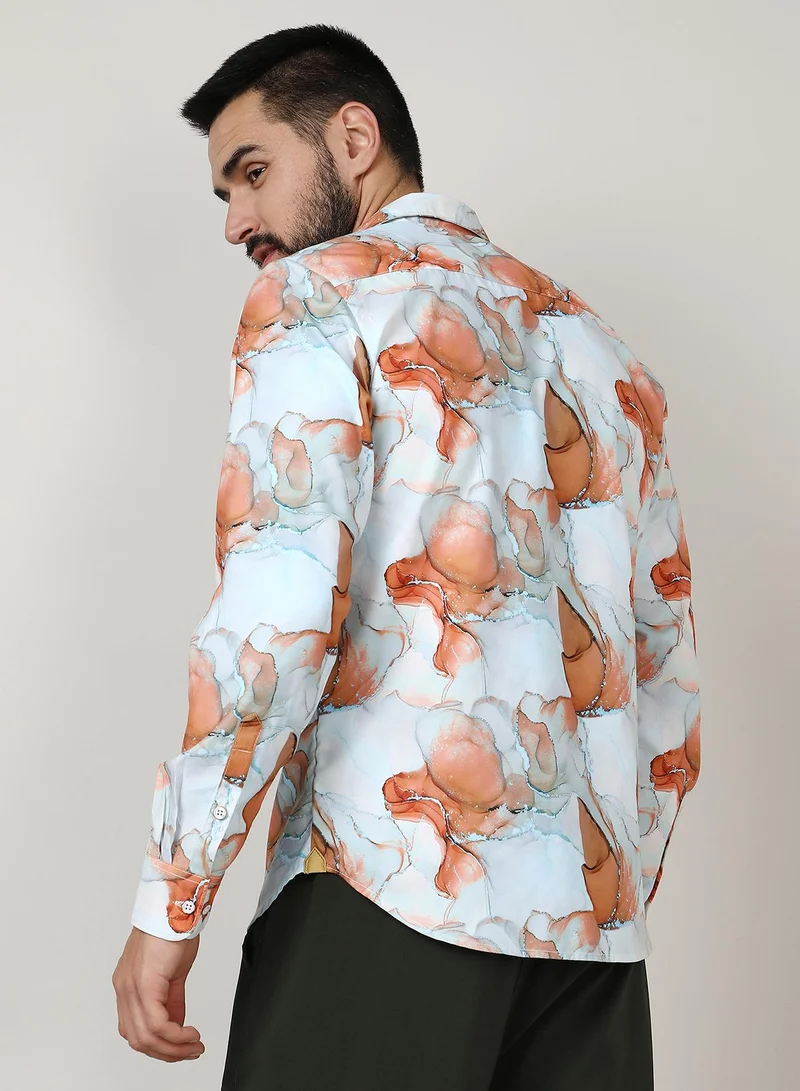 Campus Sutra Men's Sienna Brown & Light Blue Marble Shirt