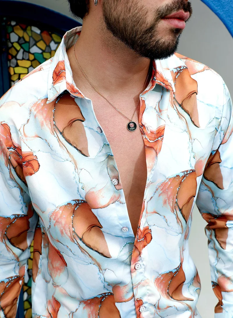 Campus Sutra Men's Sienna Brown & Light Blue Marble Shirt