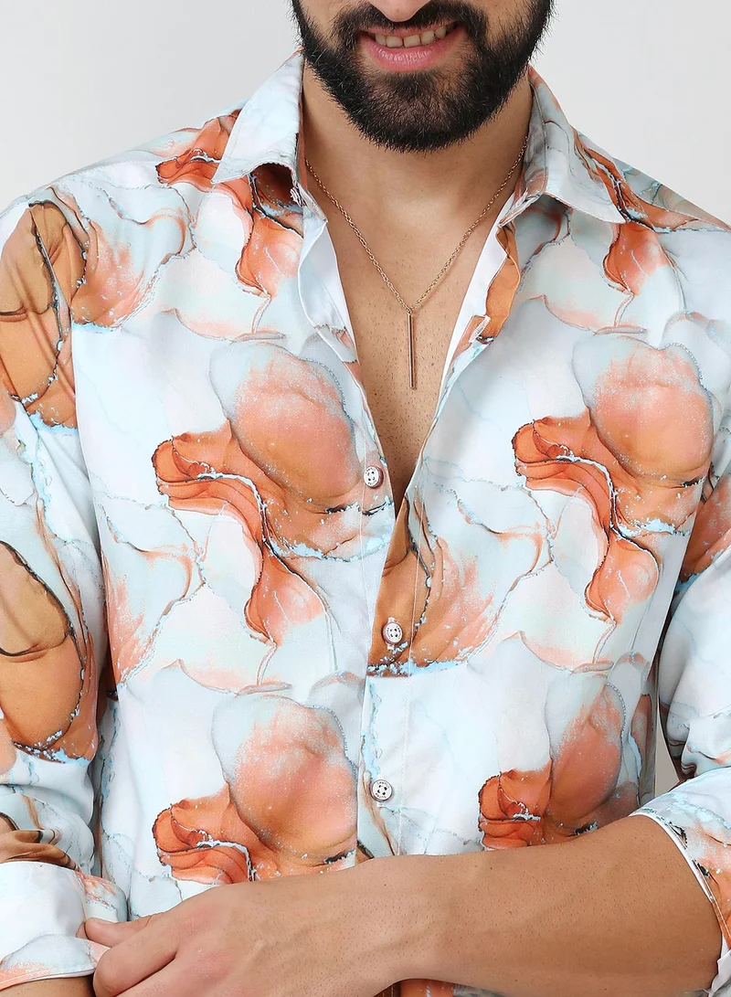 Campus Sutra Men's Sienna Brown & Light Blue Marble Shirt