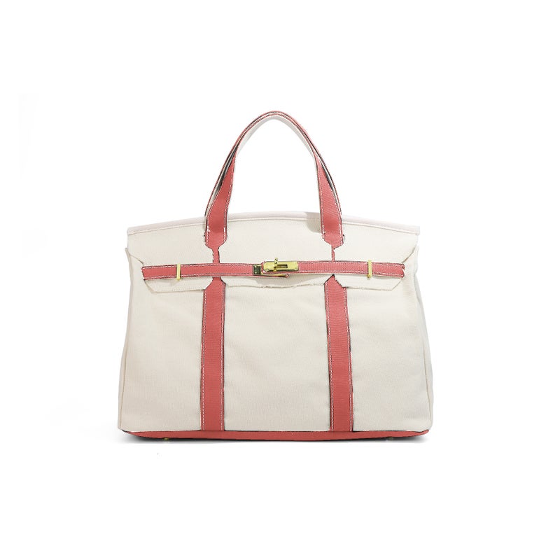 Canvas Tote Bag - White with Pink - Image 1