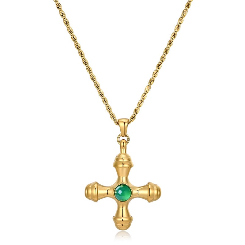 Nuzon Green Agate Cross Necklace For Women 18K Gold Plated Stainless Steel Twisted Chain Gemstone Cross Pendant Necklace Layering Jewelry 19.7 - Image 1