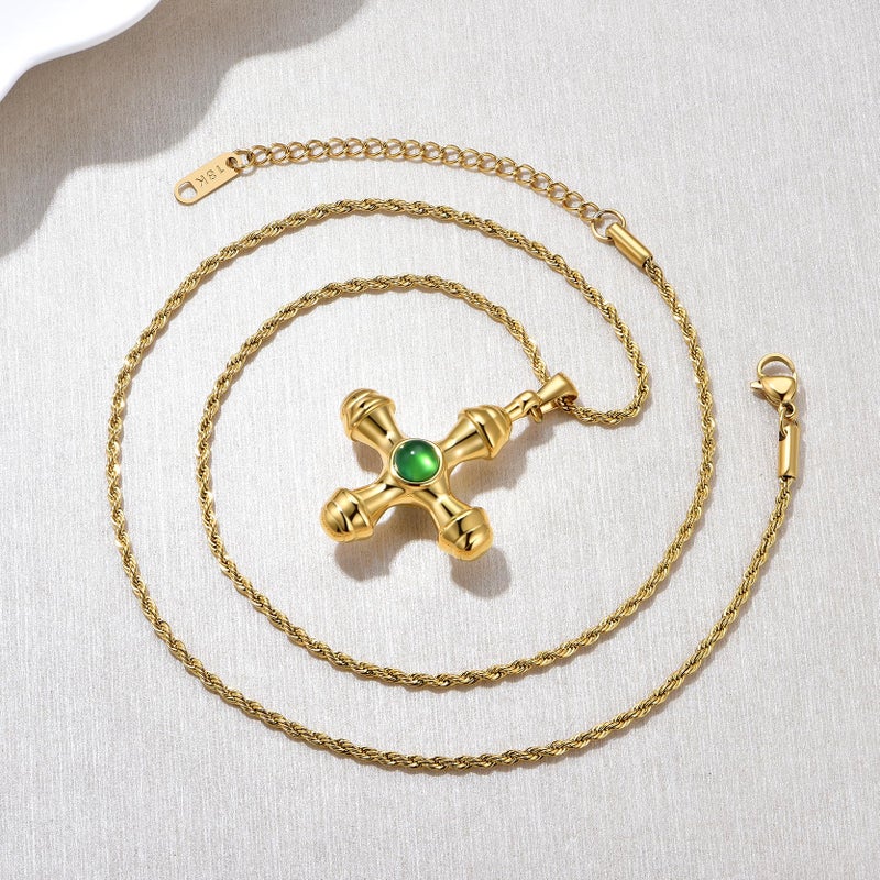 Nuzon Green Agate Cross Necklace For Women 18K Gold Plated Stainless Steel Twisted Chain Gemstone Cross Pendant Necklace Layering Jewelry 19.7 - Image 5