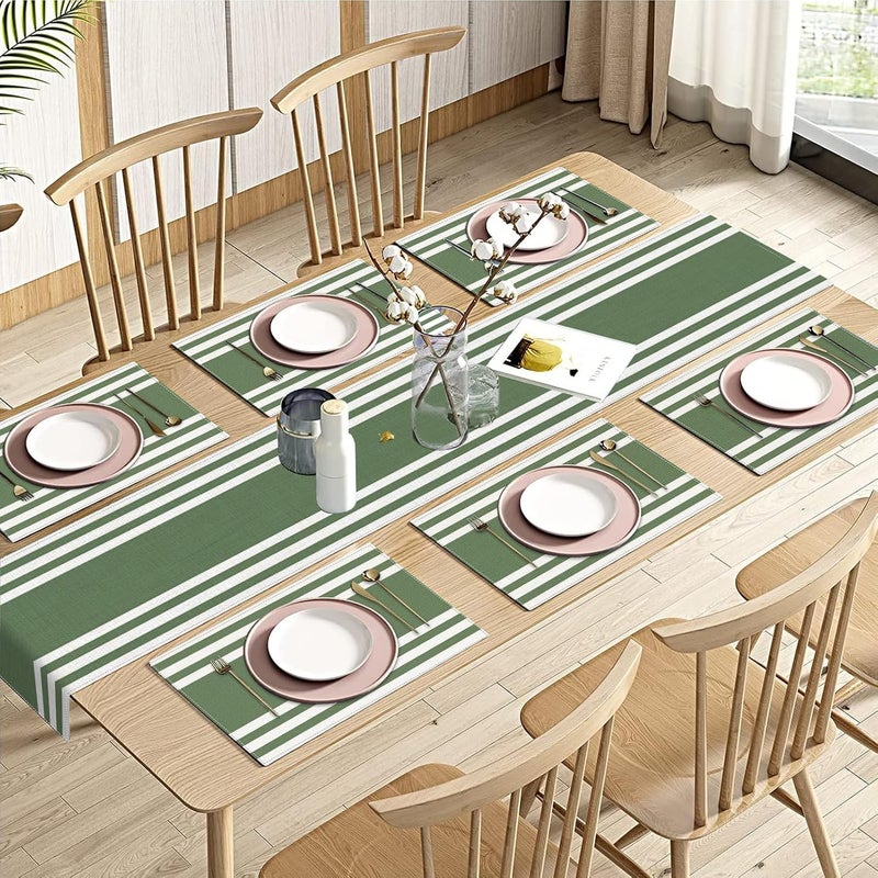 Emvency White Green Stripes Table Runner and Placemats Set of 6,Modern Geometric Painting Art Dining Decor for Daily Use(1 Table Runner 72 inches Long and 6 Placemats) - Image 1