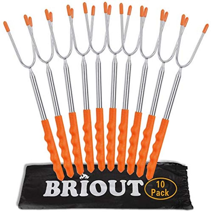 Briout Marshmallow Roasting Sticks 10 Pack Extra Long 45 Stainless Telescoping Hot Dog Smores Skewers Kids Safe Barbecue Forks for Campfire, Bonfire and Grill