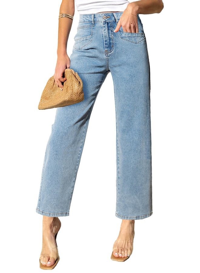Sidefeel Wide Leg Jeans for Women High Waisted Stretchy Jeans Straight Leg Cropped Ankle Denim Pants with Slant Pockets Light Blue Size 8 - Image 1