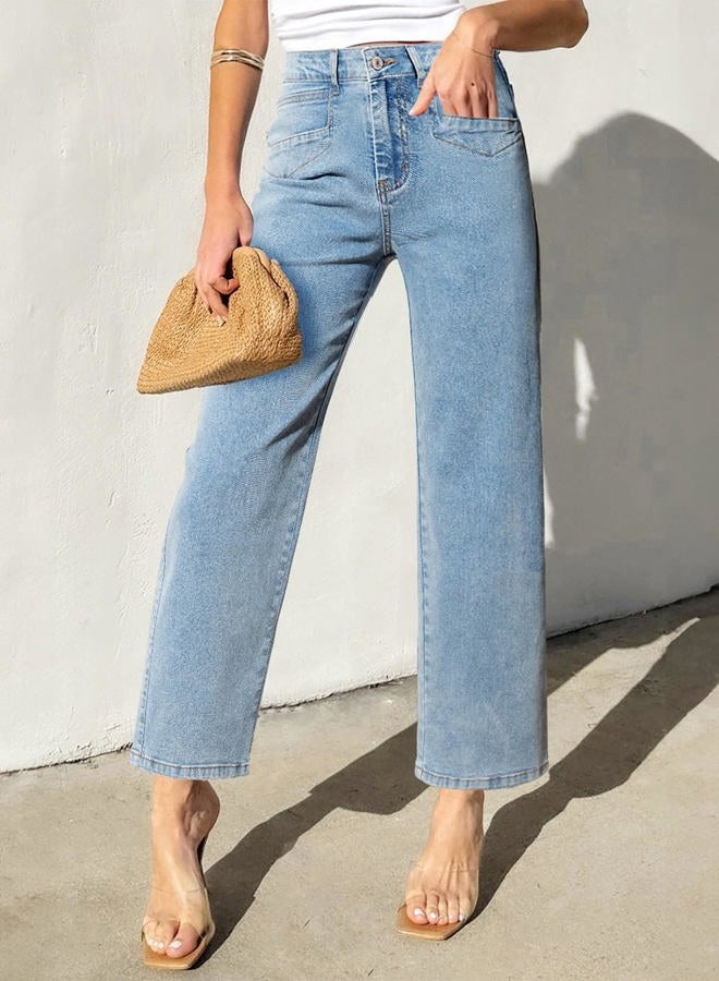Sidefeel Wide Leg Jeans for Women High Waisted Stretchy Jeans Straight Leg Cropped Ankle Denim Pants with Slant Pockets Light Blue Size 8 - Image 2