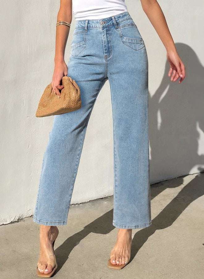 Sidefeel Wide Leg Jeans for Women High Waisted Stretchy Jeans Straight Leg Cropped Ankle Denim Pants with Slant Pockets Light Blue Size 8 - Image 3