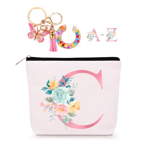 Lingdeer Personalized Makeup Bag with Initial Keychain, Custom Initial Monogram Small Travel Cosmetic Toiletry Bag, Birthday Gifts for Women Bridesmaid Teacher (C) - Image 1